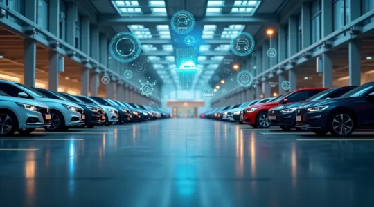 Illustration principale montrant une flotte de véhicules modernes digitalement connectés avec des icônes symbolisant la gestion efficace et la rentabilité