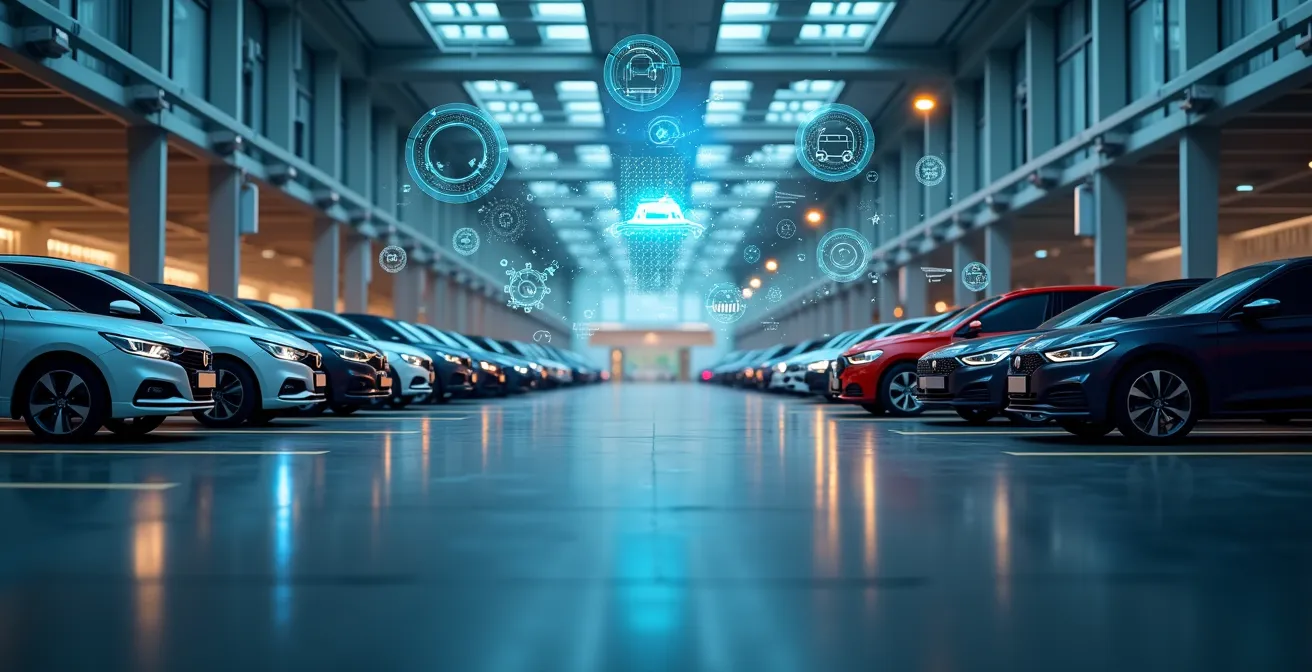 Illustration principale montrant une flotte de véhicules modernes digitalement connectés avec des icônes symbolisant la gestion efficace et la rentabilité