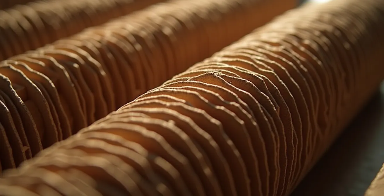 Vue macro sur texture de carton ondulé avec jeu d'ombres et lumière révélant les micro-cannelures