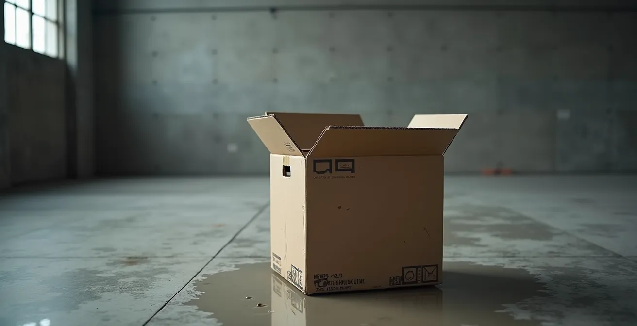 Caisse carton déformée par l'humidité dans un entrepôt