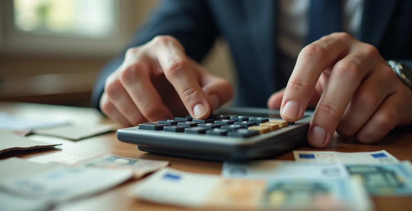 Gros plan sur une main tenant une calculatrice avec des billets euros et fragments de carton flous en arrière-plan